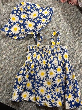 Angel Dear 6-12M Blue Daisy Sun Dress with Matching Hat GUC